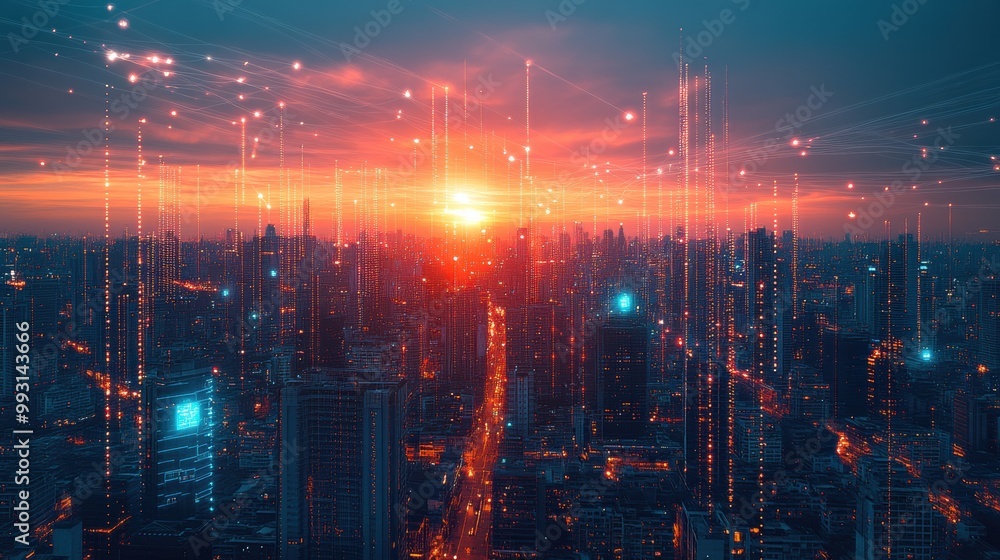 Fototapeta premium Vibrant sunset illuminates a bustling cityscape, revealing a blend of nature and urban life