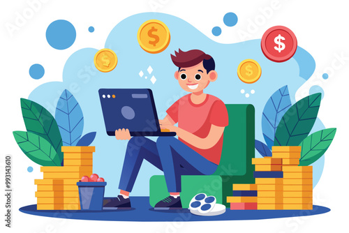 A person enjoys gaming while making money, surrounded by coins and vibrant plants in a cozy environment, Earn money by playing games, flat illustration.