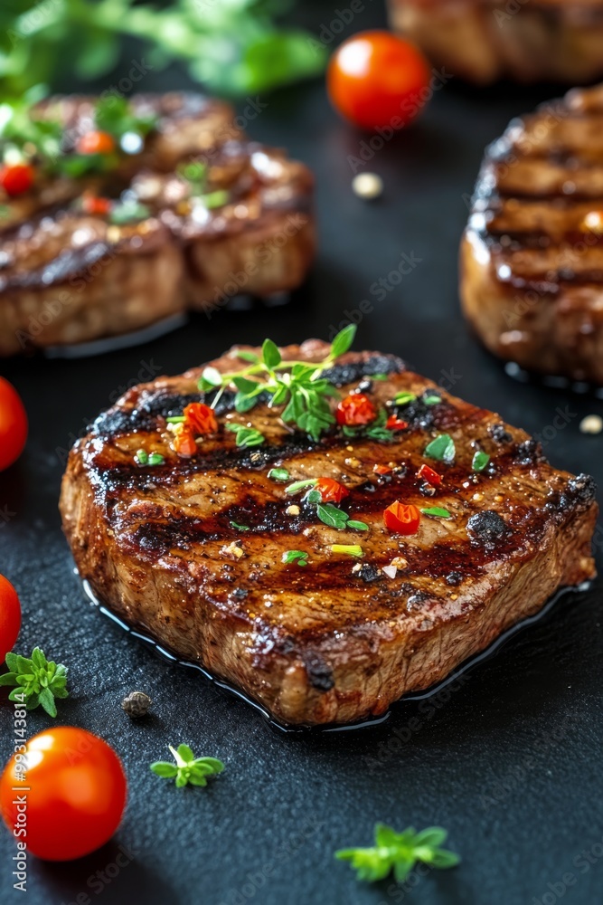 Grilled steaks with herbs and cherry tomatoes on a dark slate platter at a modern dining setting Grilled steaks with herbs and cherry tomatoes on a dark slate platter at a modern dining setting