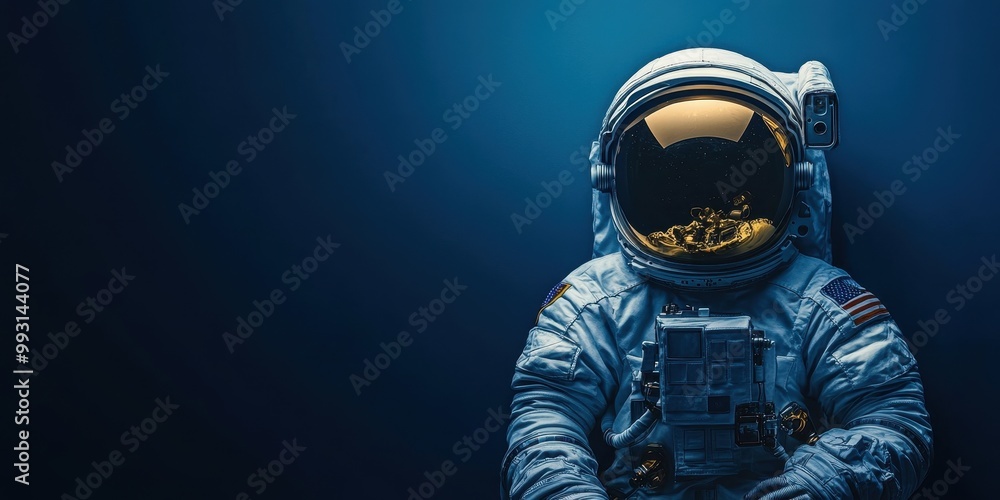 An astronaut in a reflective helmet sits against a dark, atmospheric background, evoking the mystery of space exploration, background with copy space An astronaut in a reflective helmet sits against a dark, atmospheric background, evoking the mystery of space exploration, background with copy space