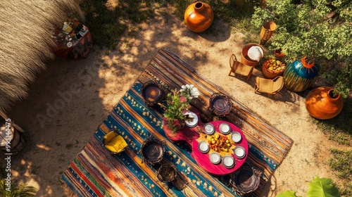 Vibrant Angolan Moamba de Galinha Feast in Savannah Landscape Top-Down View photo