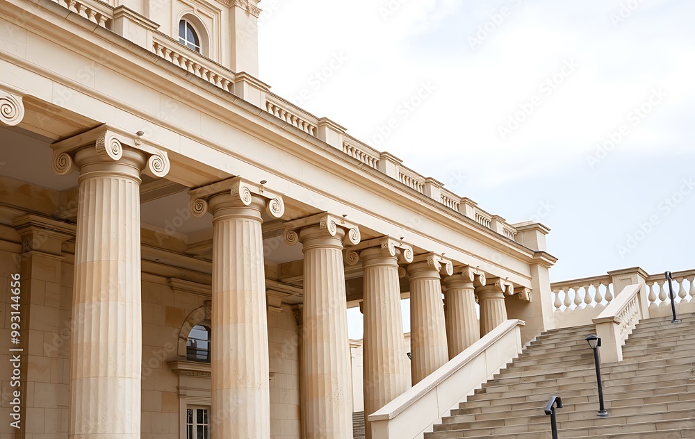Fototapeta premium Stone pillars row and stairs detail. Classical building facade 