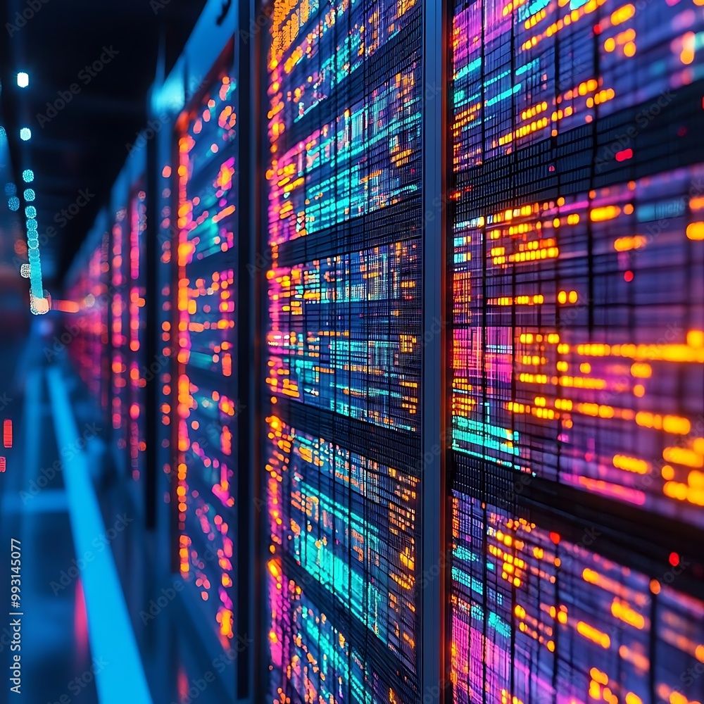 Abstract 3D Illustration of Server Rack Data Center with Neon Lights Abstract 3D Illustration of Server Rack Data Center with Neon Lights
