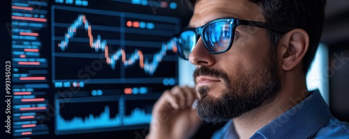 A focused individual analyzes financial data displayed on a screen, showcasing graphs and metrics in a modern trading environment.