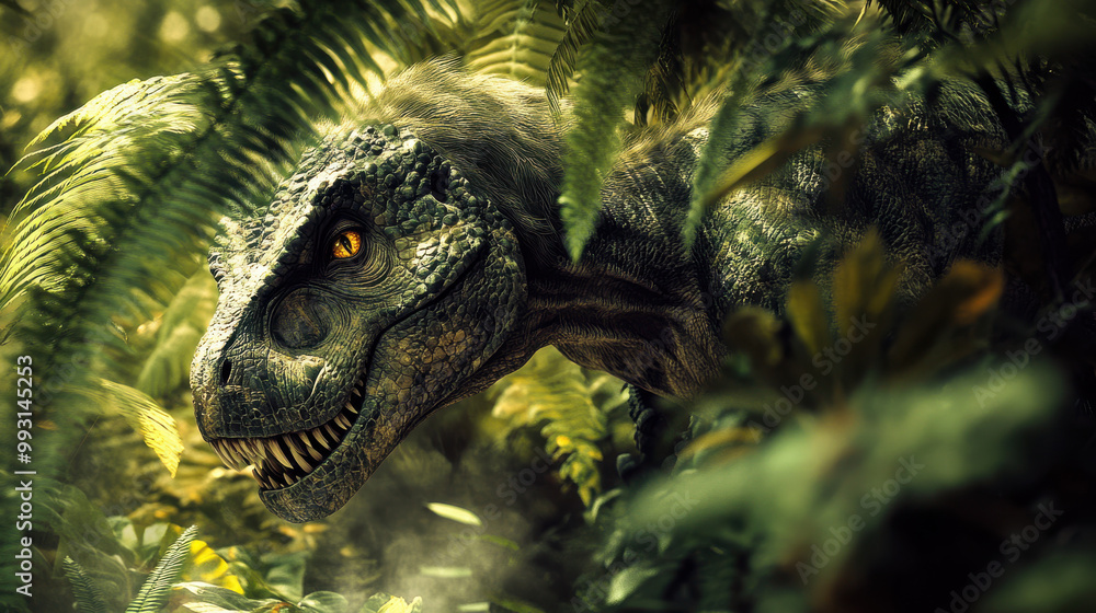 A dinosaur hunting in a dense jungle, dappled sunlight filtering through the thick canopy, foliage reflecting in its eyes, muscular body tensed, A dinosaur hunting in a dense jungle, dappled sunlight filtering through the thick canopy, foliage reflecting in its eyes, muscular body tensed,
