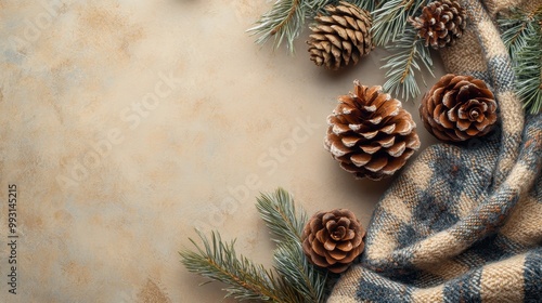 A cozy winter arrangement featuring pinecones, evergreen branches, and a soft plaid fabric, perfect for holiday themes, background with copy space