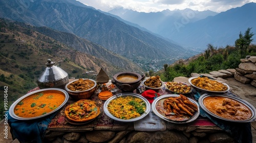 Fototapeta Naklejka Na Ścianę i Meble -  Vibrant Pakistani Nihari Feast with Mountainous Backdrop and Cultural Motifs