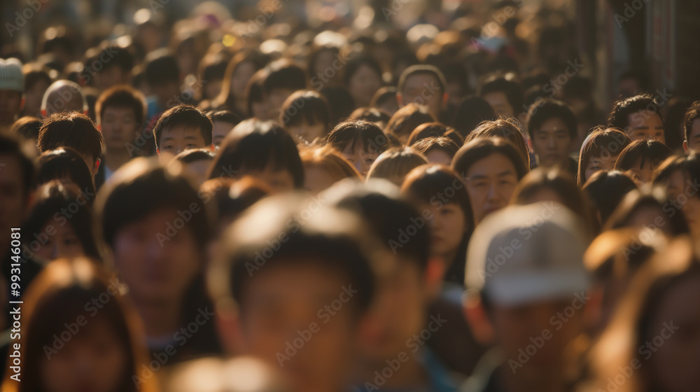 Obraz premium Crowded urban street scene with diverse faces representing various age groups and ethnicities, symbolizing demographic diversity and multiculturalism, with ample copy space for text or design elements