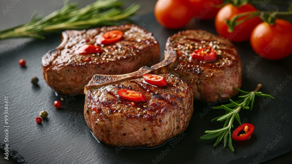 Grilled beef steaks garnished with herbs and cherry tomatoes on a dark serving platter Grilled beef steaks garnished with herbs and cherry tomatoes on a dark serving platter