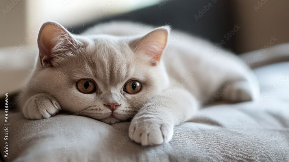 A close-up of a white kitten lying on a cushion, gazing with wide eyes, showcasing its adorable and relaxed demeanor. A close-up of a white kitten lying on a cushion, gazing with wide eyes, showcasing its adorable and relaxed demeanor.