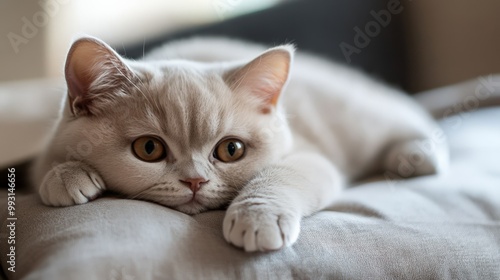 A close-up of a white kitten lying on a cushion, gazing with wide eyes, showcasing its adorable and relaxed demeanor.