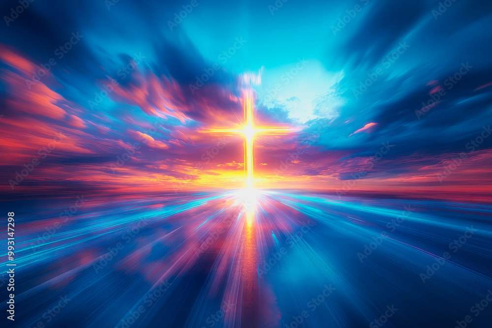 Cross glowing in radiant light breaking through dramatic clouds with heavenly atmosphere Cross glowing in radiant light breaking through dramatic clouds with heavenly atmosphere