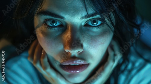 Young woman with cramping hands, burnout from work, empty office, dark room, soft lamp light, close-up, vacant expression