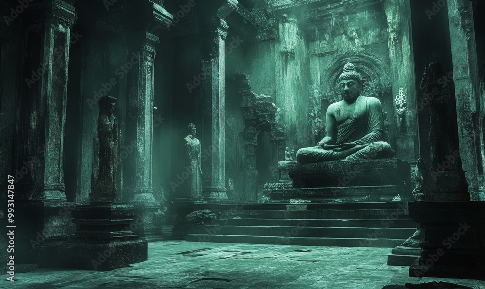 Fototapeta premium Ancient temple with buddha statue in green mist.