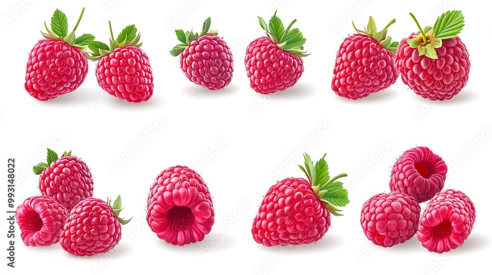 set of Raspberry, many angles and view side top front group pile heap isolated on white background set of Raspberry, many angles and view side top front group pile heap isolated on white background
