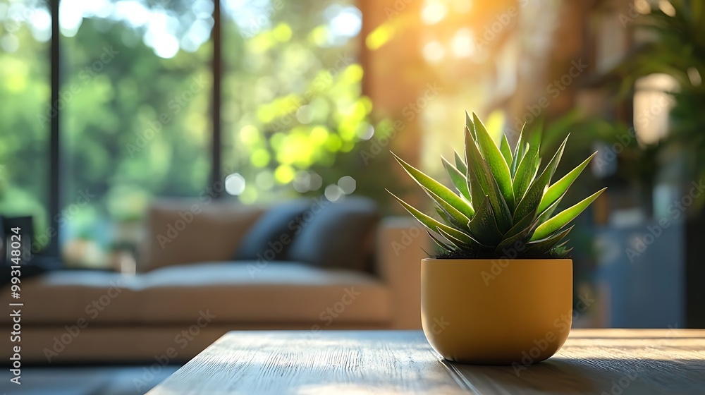 Modern Home Interior with Potted Plant on Table Modern Home Interior with Potted Plant on Table