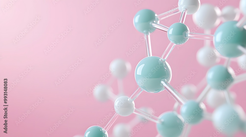 Abstract Molecular Structure with Blue and White Spheres Connected by Transparent Rods Against a Pink Background Abstract Molecular Structure with Blue and White Spheres Connected by Transparent Rods Against a Pink Background