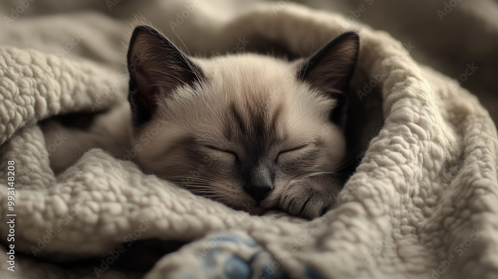 A peaceful kitten sleeping soundly wrapped in a cozy blanket, showcasing comfort and relaxation in a homey setting. A peaceful kitten sleeping soundly wrapped in a cozy blanket, showcasing comfort and relaxation in a homey setting.