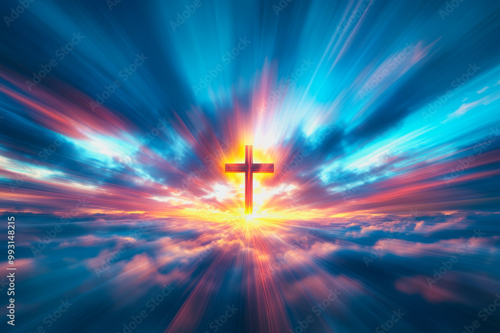 Cross glowing in radiant light breaking through dramatic clouds with heavenly atmosphere Cross glowing in radiant light breaking through dramatic clouds with heavenly atmosphere
