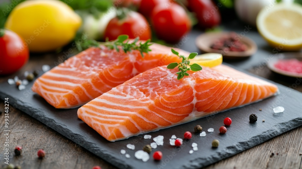 Fresh salmon fillets garnished with lemon and herbs on a dark slate platter in a rustic setting Fresh salmon fillets garnished with lemon and herbs on a dark slate platter in a rustic setting