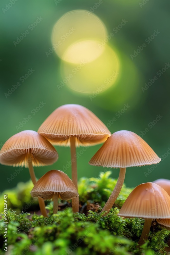 Fototapeta premium Mushrooms growing on lush green moss in a serene forest during daylight