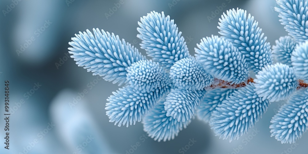 A delicate branch of frost-covered evergreen needles, showcasing the intricate beauty of nature in the winter season. A delicate branch of frost-covered evergreen needles, showcasing the intricate beauty of nature in the winter season.