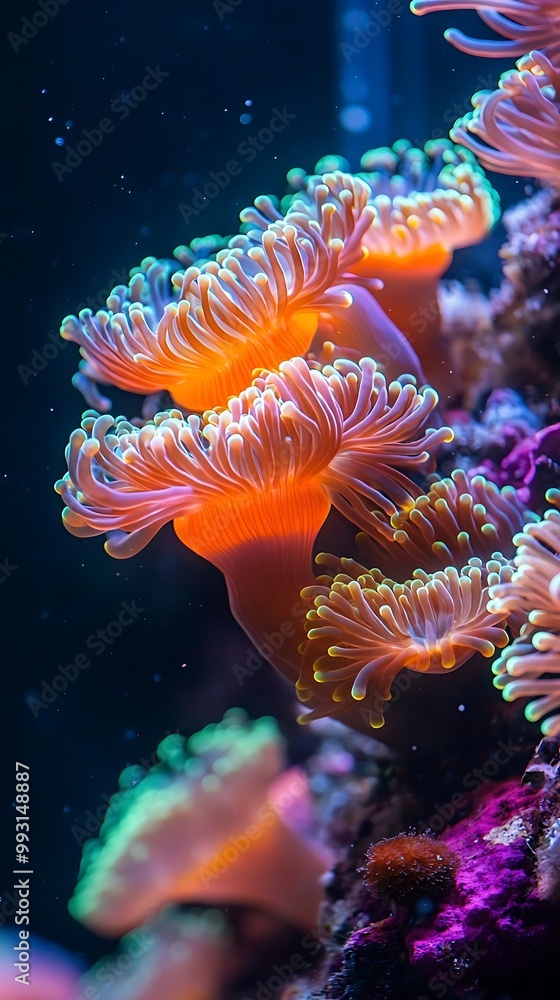 Naklejka premium Vibrant Coral Reef Photo with Orange Coral Polyps and Green Tips