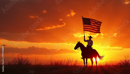 Lone cowboy holds an American flag against a vibrant sunset, embodying freedom and pride.






 photo