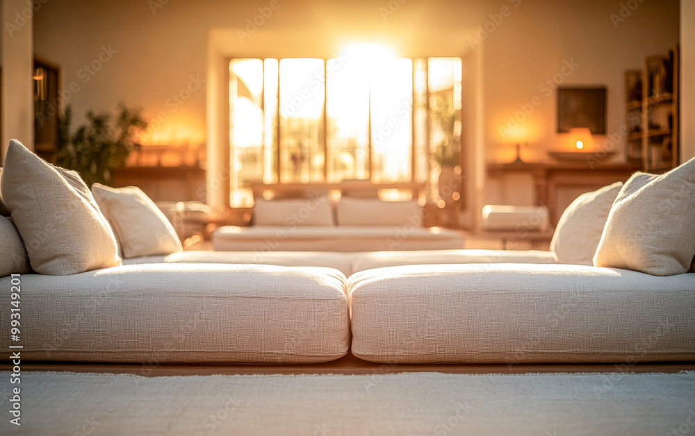 Fototapeta premium A bright living room with a cozy sofa illuminated by the warm glow of the setting sun