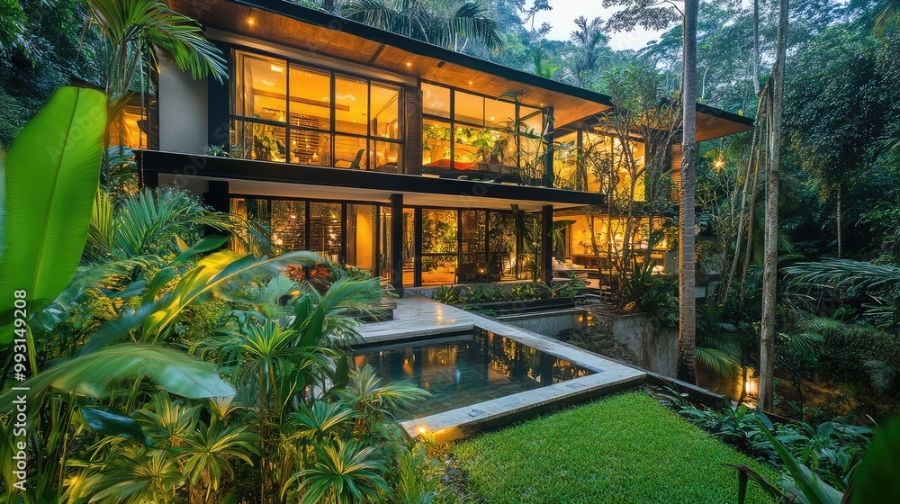 Modern vacation rental in a lush, tropical rainforest with vibrant foliage all around Modern vacation rental in a lush, tropical rainforest with vibrant foliage all around