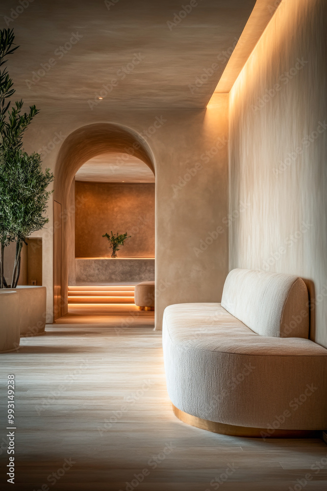 A serene interior space featuring soft lighting, elegant curves, and natural elements for relaxation and comfort in a contemporary setting A serene interior space featuring soft lighting, elegant curves, and natural elements for relaxation and comfort in a contemporary setting