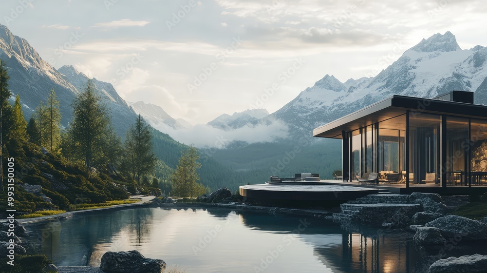 Mountain lodge with panoramic windows, overlooking a serene alpine lake surrounded Mountain lodge with panoramic windows, overlooking a serene alpine lake surrounded