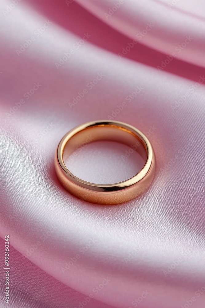 Elegant golden ring resting on soft pink satin fabric in a delicate arrangement Elegant golden ring resting on soft pink satin fabric in a delicate arrangement