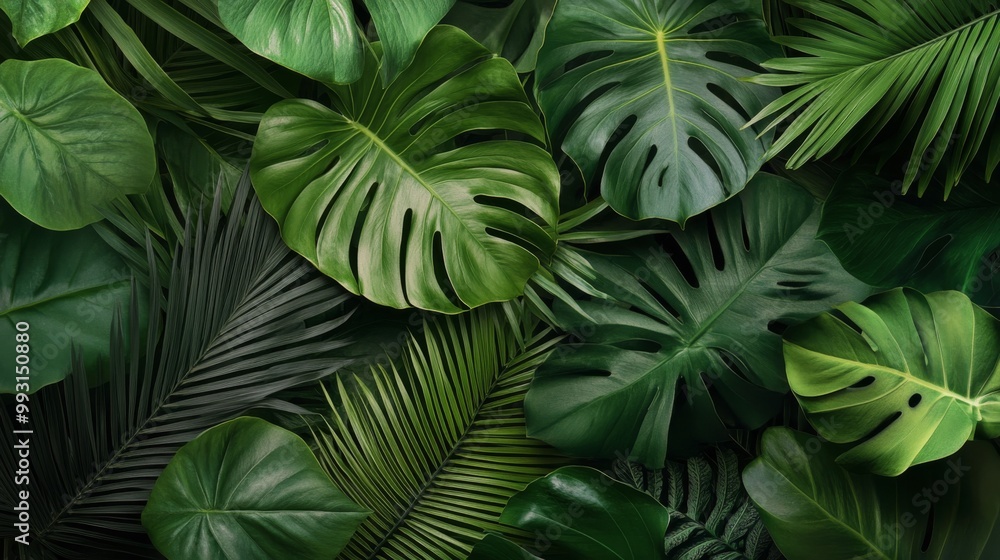 Lush green tropical leaves creating a vibrant natural backdrop in a dense arrangement Lush green tropical leaves creating a vibrant natural backdrop in a dense arrangement