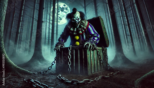 A creepy clown is sitting in a box with chains around it. The image has a dark and eerie mood, with the clown's face and the chains adding to the creepy atmosphere