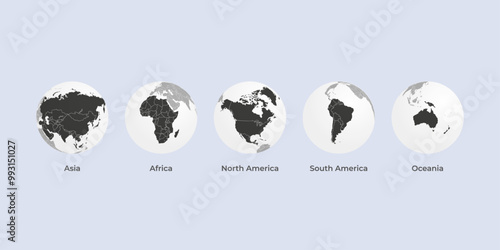 Earth map globe icon set with five continents transparent background. continents front facing asia, africa, north america, south america, oceania.	