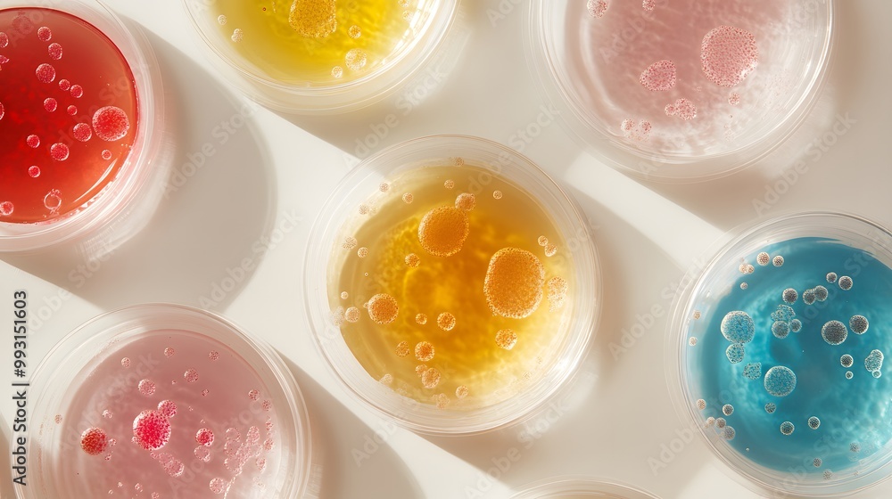 Petri Dishes with Colored Liquid and Bubbles Petri Dishes with Colored Liquid and Bubbles