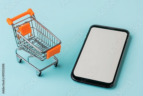 Colorful Shopping Bags and Cart on Minimalist Blue Background for Online Retail and E-commerce