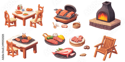 set of cartoon illustration of BBQ food and furniture, isolated on a white background. It features a chair and table, a grill, and cooked fish and meat dishes.