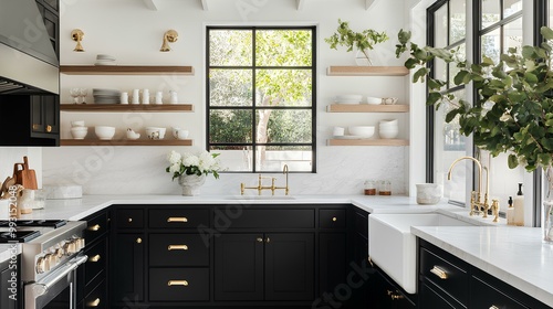 A modern kitchen featuring black cabinetry, white countertops, decorative shelving, and large windows that provide natural light.