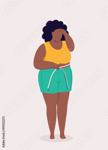 One Overweight Black Woman Felt Disappointed After Measuring Her Waistline With A Measurement Tape.