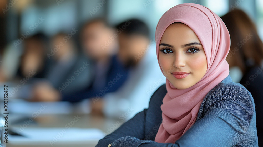 A confident young woman wearing a pink hijab, seated at a meeting, exuding professionalism and focus amidst a busy background. A confident young woman wearing a pink hijab, seated at a meeting, exuding professionalism and focus amidst a busy background.