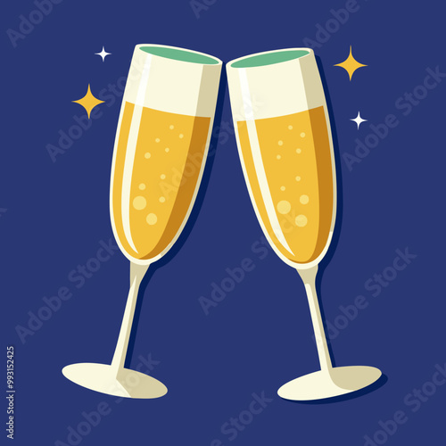 Two glasses of champagne clinking in celebration, festive design, perfect for New Year or party invitations, copy space