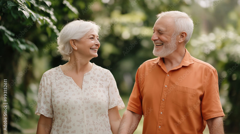 A joyful elderly couple enjoys a sunny day walking hand in hand through a lush green garden filled with vibrant foliage. A joyful elderly couple enjoys a sunny day walking hand in hand through a lush green garden filled with vibrant foliage.