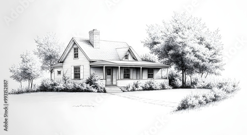 A Pencil Sketch of an American Home, Beautifully Detailed and Capturing the Essence of Classic Architecture, Evoking a Sense of Warmth and Comfort, Perfect for Illustrating Themes of Home, Family, and