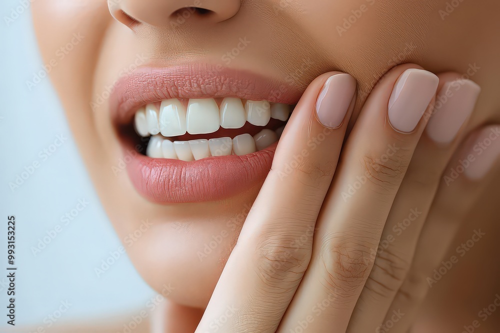 Obraz premium Close-up of a woman holding her cheek, showing discomfort possibly from tooth pain, with focus on healthy white teeth and manicured nails.