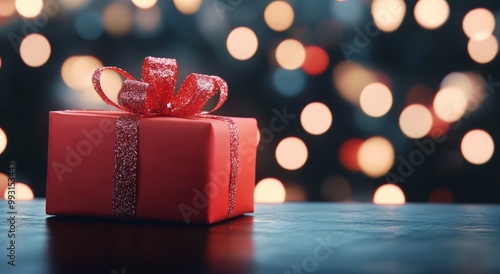A beautifully wrapped red gift box with a glittery ribbon set against a blurred bokeh background