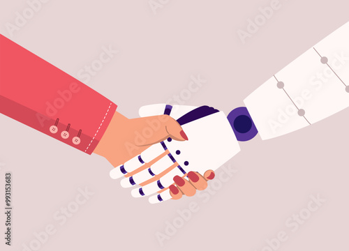 Close Up Of Businesswoman’s Hand And AI Robot’s Hand Shaking Hands Together.