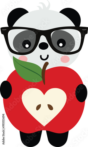 Back to school panda holding an apple