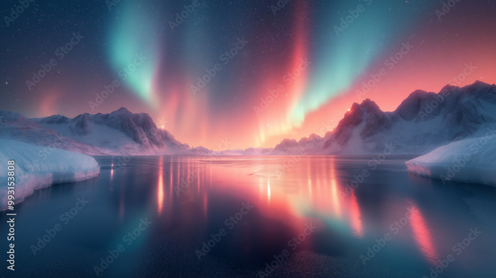 Aurora reflected in water. Northern lights in Lofoten islands, Norway. Blue sky with polar lights. Night landscape with aurora, sea with sky reflection, beach, mountains. Polar lights. Aurora borealis Aurora reflected in water. Northern lights in Lofoten islands, Norway. Blue sky with polar lights. Night landscape with aurora, sea with sky reflection, beach, mountains. Polar lights. Aurora borealis